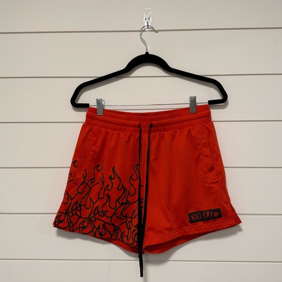 Kill Crew Pants - Kill Crew Red Athletic Mesh Shorts with Black Flame Print